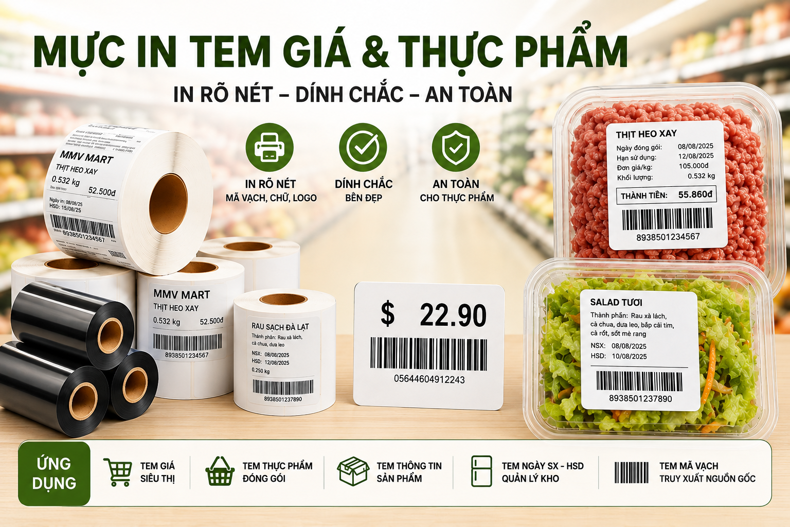 Mực In Tem Giá Và Thông Tin Thực Phẩm Trong Siêu Thị – In Sắc Nét, Bền Đẹp, An Toàn