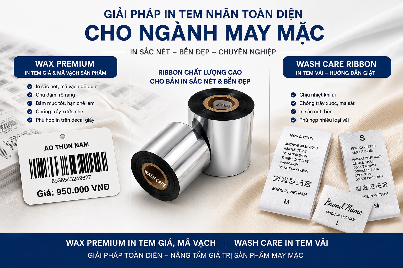 Wax Premium & Wash Care Ribbon – Giải Pháp In Tem Nhãn Toàn Diện Cho Ngành May Mặc